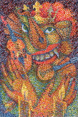 An allegorical interpretation of the Feast of Fools. Victor Hugo's novel The Hunchback of Notre-Dame. Pointillism illustration.