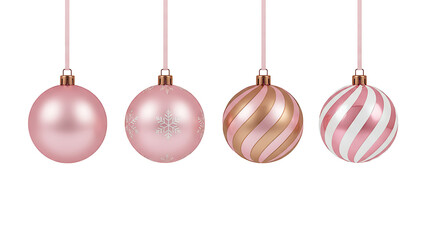 Collection of elegant pink and rose gold christmas ornaments on a black background isolated on transparent background