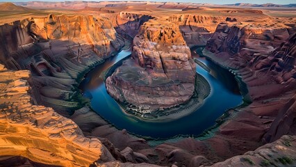 Breathtaking panoramic view of horseshoe bend a dramatic u-shaped meander of the colorado river near page arizona framed by towering sandstone cliffs under a vibrant sky at sunset