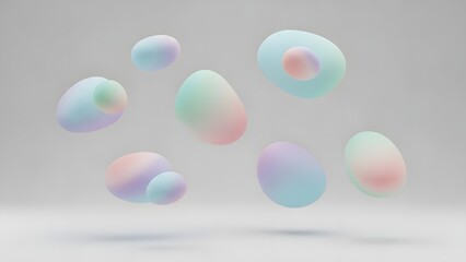 Abstract composition of pastel colored iridescent liquid blobs floating gracefully in a serene grey environment creating a whimsical and modern aesthetic with smooth gradients and soft lighting