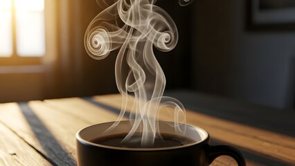 Close-up of a steaming cup of freshly brewed coffee on a wooden table in a warm sunlit interior capturing rising vapor against a blurred background with beautiful golden light from a window