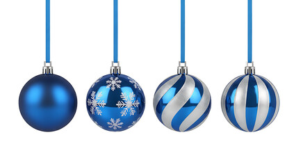 A collection of four unique blue and silver christmas ornaments hanging against a black backdrop isolated on transparent background