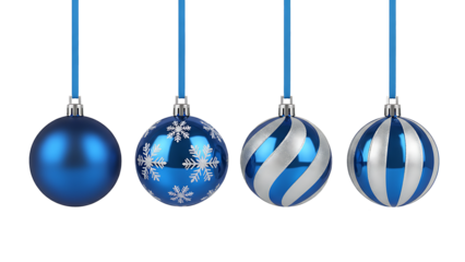 A collection of four unique blue and silver christmas ornaments hanging against a black backdrop isolated on transparent background