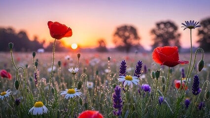 Stunning summer meadow with vibrant red poppies white daisies and purple lavender flowers sparkling with morning dew against a soft sunrise sky creating a serene and picturesque landscape