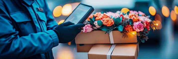 Delivery person in blue uniform holds tablet while carrying two stacked cardboard boxes, one adorned with beautiful bouquet of pink and orange roses and festive fairy lights, suggesting thoughtful gif