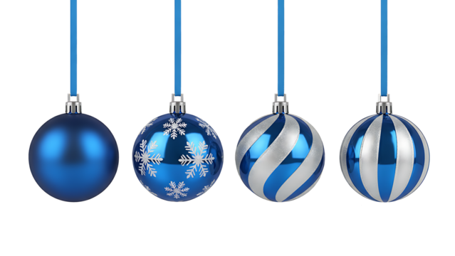 A collection of four unique blue and silver christmas ornaments hanging against a black backdrop isolated on transparent background - Powered by Adobe
