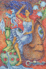 A scene from Victor Hugo's novel "The Hunchback of Notre-Dame." Esmeralda sleeps. Two vessels hang on the window. Creative illustration using pointillism technique.