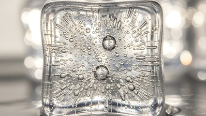 Detailed close up of a clear ice cube filled with numerous small air bubbles, set against a soft, blurred background with sparkling bokeh effects highlighting its cool transparency