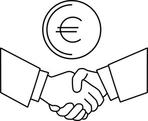 Euro coin and hands in suits clasped in handshake. Outline isolated vector image. Transparent background