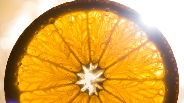 Close up vibrant shot of a wet orange slice glistening with water droplets, backlit by bright natural light emphasizing its juicy texture and refreshing appeal - Powered by Adobe