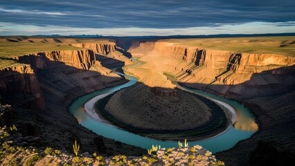 expansive grand canyon landscape with winding river snake river bend at sunset dramatic light shadows sandstone cliffs arid desert vegetation vast scale