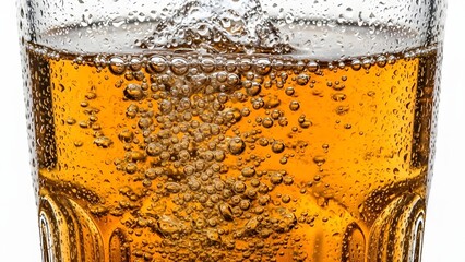 Refreshing golden beverage with many bubbles and condensation on glass surface creating a dynamic and inviting close up view perfect for illustrating cold drinks and fizzy sensations