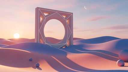 Abstract geometric portal structure stands in surreal desert landscape with rolling dunes under vibrant sunset sky featuring sun and crescent moon creating dreamy artistic render