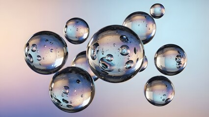 Numerous transparent spheres filled with water droplets float against gradient background showcasing intricate textures and reflections creating captivating abstract scientific image