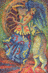 Esmeralda's Dance with the Goat, from Victor Hugo's novel The Hunchback of Notre-Dame. Pointillism illustration.