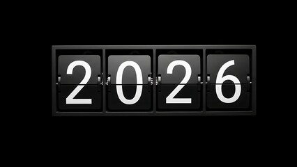 A close-up view of a black digital flip clock display showing the year 2026 with white numbers on a dark background.