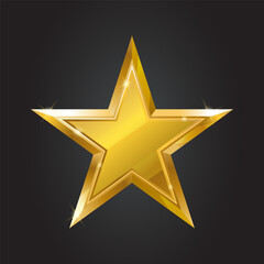 Obraz premium Golden five-pointed star with metallic effect isolated on black background. 3D star. Decorative element for Christmas design, advertising, awards. Realistic Realistic Xmas star. Vector illustration.