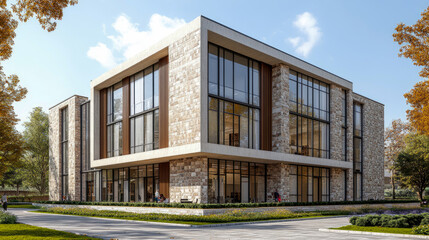 Fototapeta premium Modern stone and glass office building with large windows and surrounding landscaping on clear day, showcasing contemporary architecture and inviting natural light
