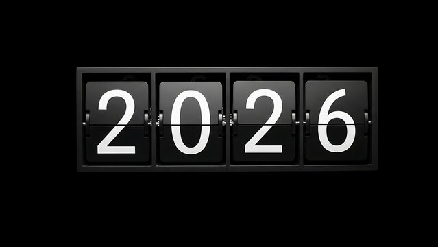 A close-up view of a black digital flip clock display showing the year 2026 with white numbers on a dark background. - Powered by Adobe