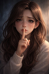 Naklejka premium Illustration of a Young Woman Crying Secretly, Holding Finger to Lips with Ring, Close-up Portrait, Emotional Expression