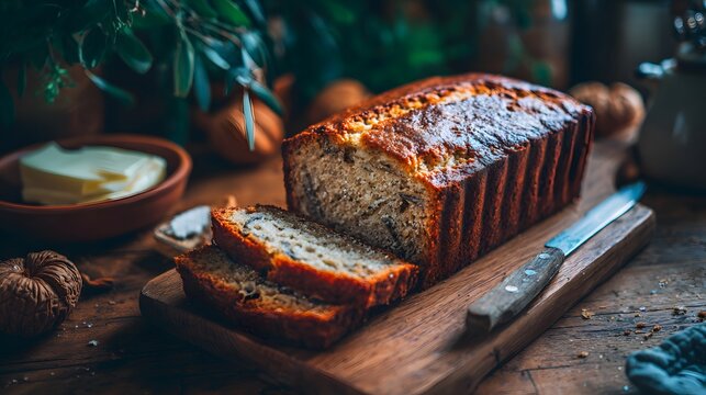 Delicious homemade banana bread loaf sliced on a wooden board with butter and walnuts