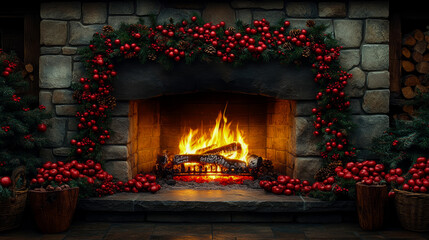 Cozy stone fireplace crackles with warm, inviting fire, elegantly adorned with festive Christmas garland featuring red berries and pinecones, complemented by natural elements like stacked firewood and