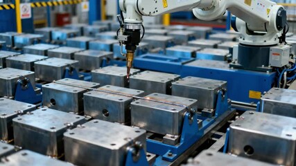 Medium shot showcasing a stationary robotic welding setup in a manufacturing plant highlighting the steady exact welding process used for highvolume assembly of metal parts.