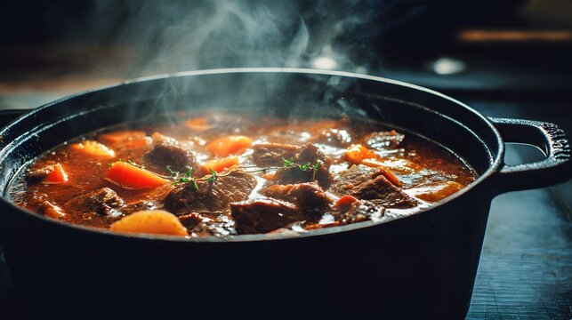 Hearty beef stew simmering in a cast iron pot with steam rising, a comforting meal