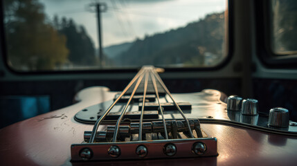 A close up perspective showcases a bass guitar resting inside a vehicle, captu the essence of travel and music amidst a scenic landscape in the background.