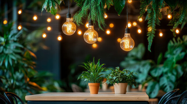 Inviting Urban Interior Design Featuring Classic Edison Bulbs Illuminating Lush Hanging Green Plants and Potted Greens on Wooden Table, Creating Cozy and Natural Ambiance with Warm Bokeh Lights - Powered by Adobe