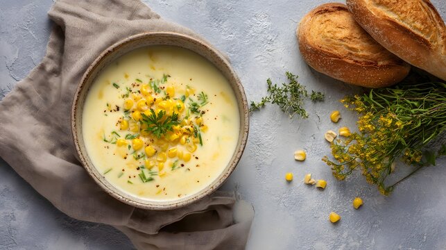 Creamy corn chowder soup garnished with fresh herbs and served with crusty bread