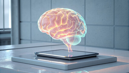 A futuristic digital brain emerges from a smartphone on a sleek table