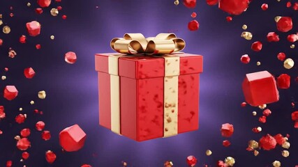 Red gift boxes with gold bows and confetti on purple background