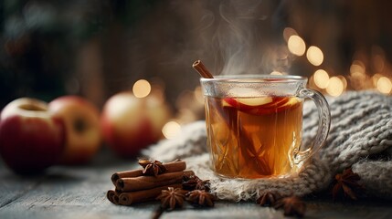 Cozy hot apple cider with cinnamon and star anise on a wooden table
