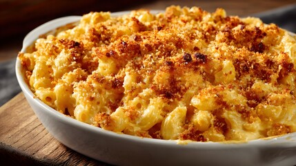 Delicious baked macaroni and cheese with a golden breadcrumb topping in a white dish