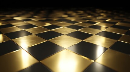 Seamless checkerboard texture crafted from reflective golden tiles illuminated to emphasize metallic contrast Shadows define borders precisely adding