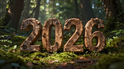 Wooden figures of the year 2026 on the moss in the forest