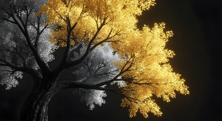 3d render of autumnal tree with yellow leaves on black background