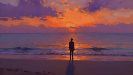 Painting of a man standing in the sea at sunset. Oil painting.