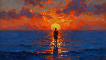 Painting of a man standing in the sea at sunset. Oil painting.