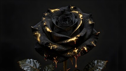 Black rose with gold lights on a black background. 3d rendering