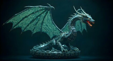 3d rendering of a dragon made of computer chips on the ai motherboard of a computer.