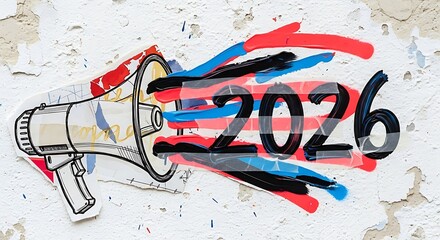 Megaphone announcing 2026 on a grunge wall