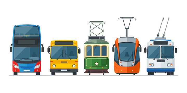 Public transport vehicles set showing various urban transportation