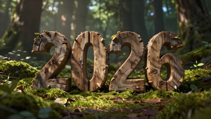 Wooden figures of the year 2026 on the moss in the forest