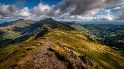 A scenic mountain ridge with a winding hiking trail leads the eye across a grassy landscape towards a dramatic peak under a sky filled with fluffy white clouds.