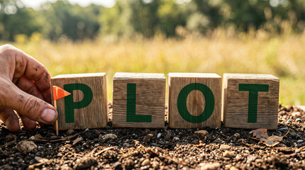 Unlocking Land Potential: Hand Marking 'PLOT' on Soil Blocks. Future Real Estate Investment, Development, Agriculture.