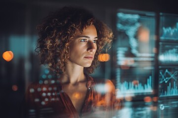 Woman analyzing data on screens thoughtful expression