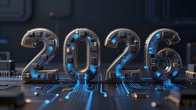 New year 2026 concept. 3D illustration of new year 2026 on circuit board. Year of artificial intelligance