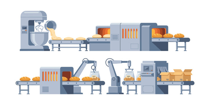 Bread production line automation with mixing and packaging robots